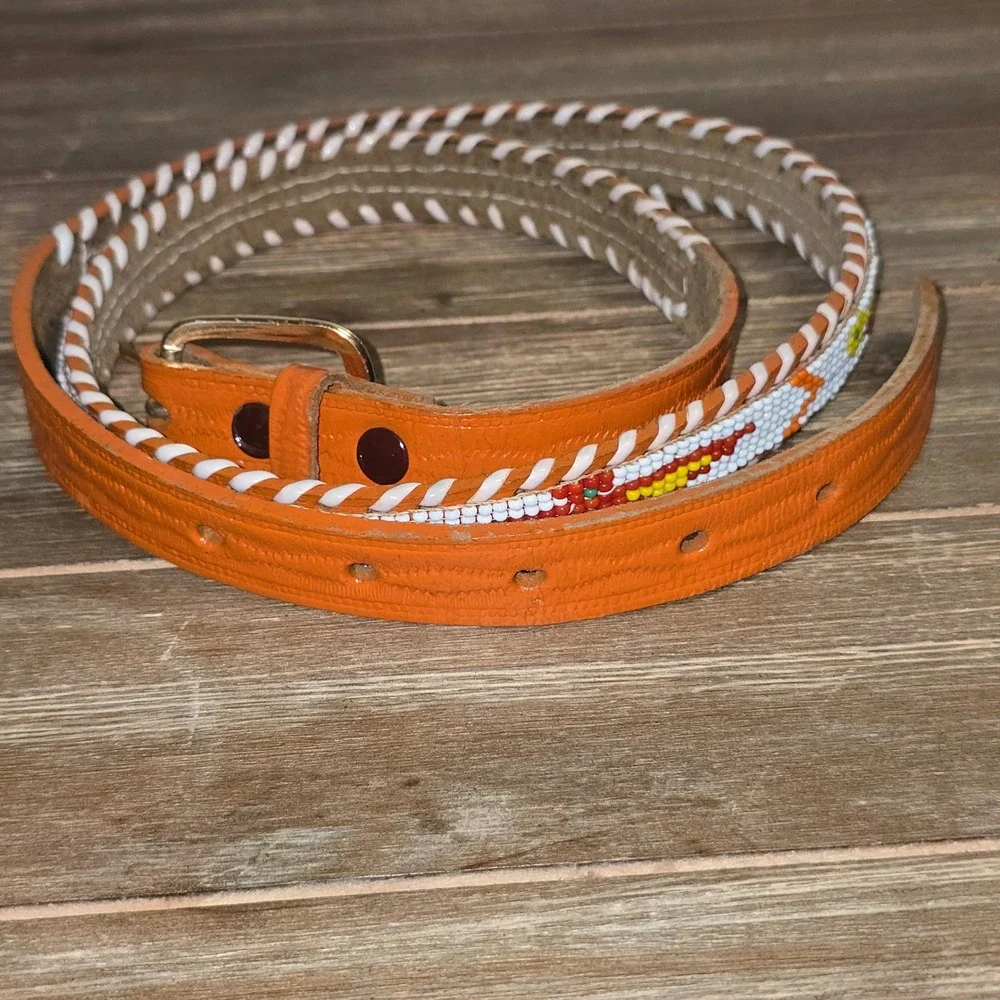 Vintage Orange Leather Beaded Belt 36 Western Thunderbird Hand Laced Boho